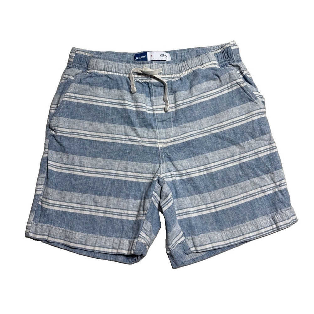 Old Navy Mens Small Jogger Shorts Linen Blend Blue Stripe Casual Drawstring